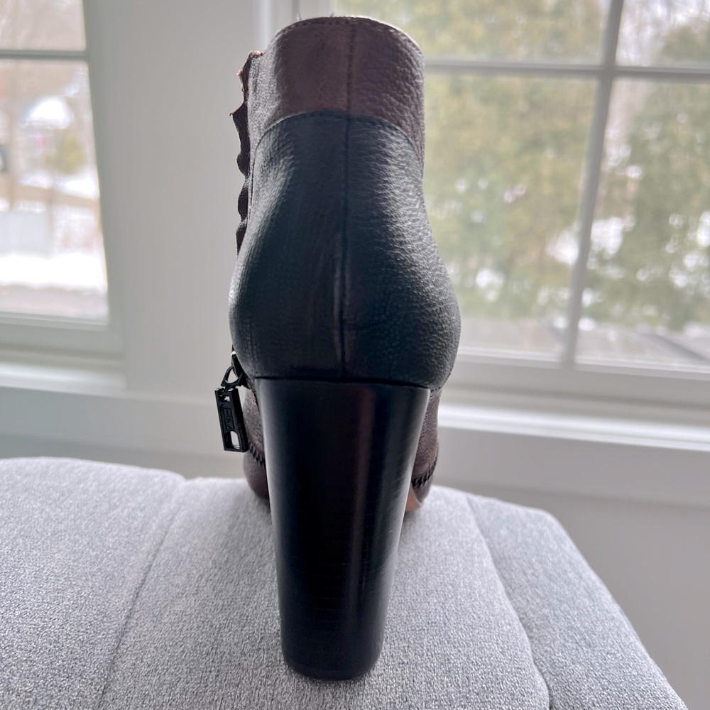 Rebecca Minkoff black and chocolate leather ankle booties.